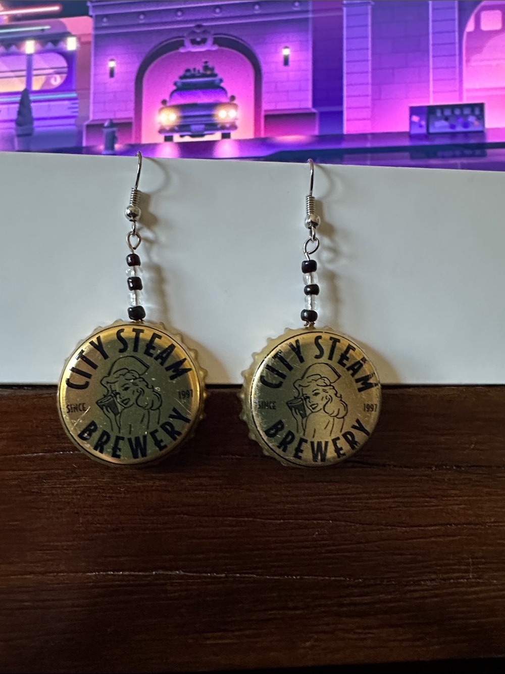 *CITY STEAM* Handmade Gold x Black Craft Beer Bottle Cap Dangle Earrings